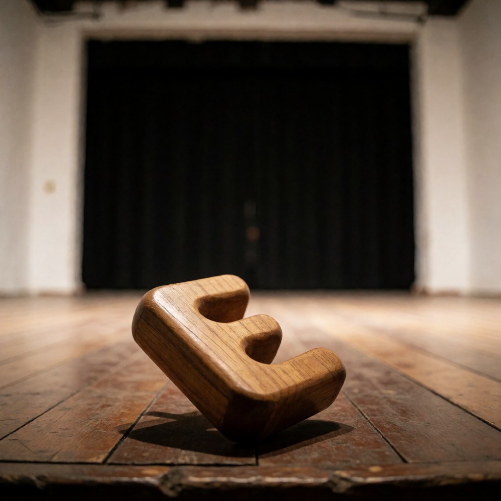 A wooden maraca shaped like the letter E resting on a wooden theater stage floor with a dark curtain backdrop and white walls under warm lighting