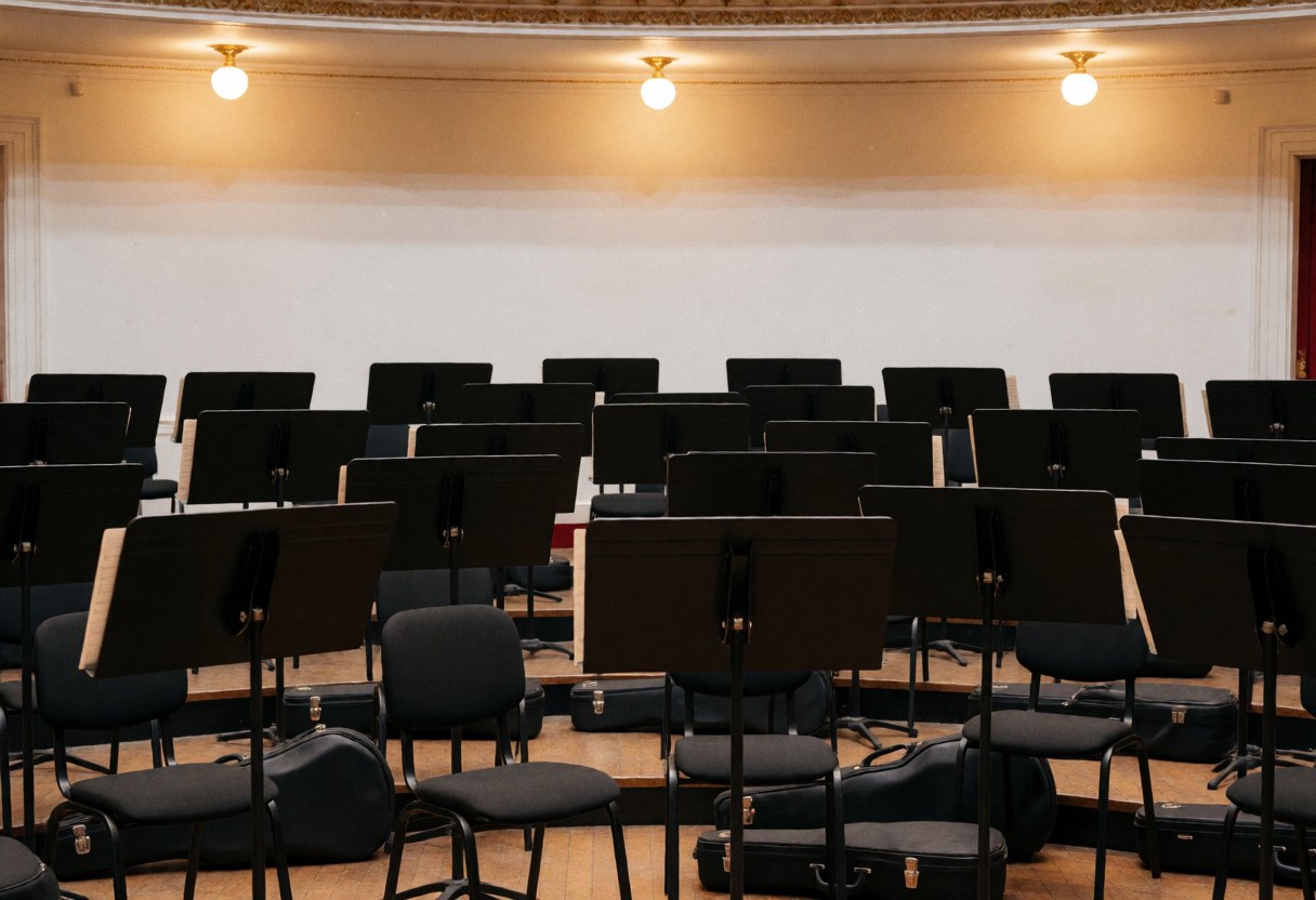 Empty orchestra pit with black music stands and instruments, illuminated by warm lights, ready for a performance in a theater.