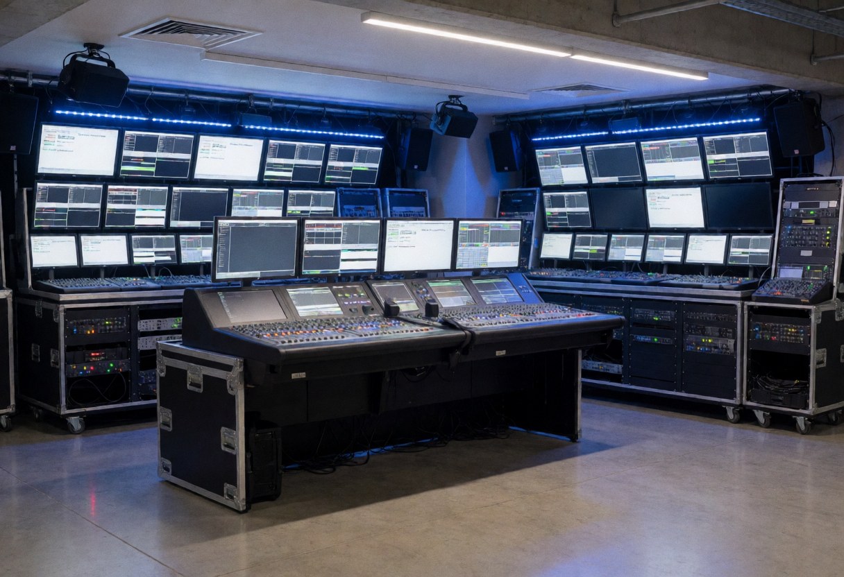 Technical control room featuring a mixing console, multiple display screens, and audio and lighting equipment in an industrial space with blue lighting.