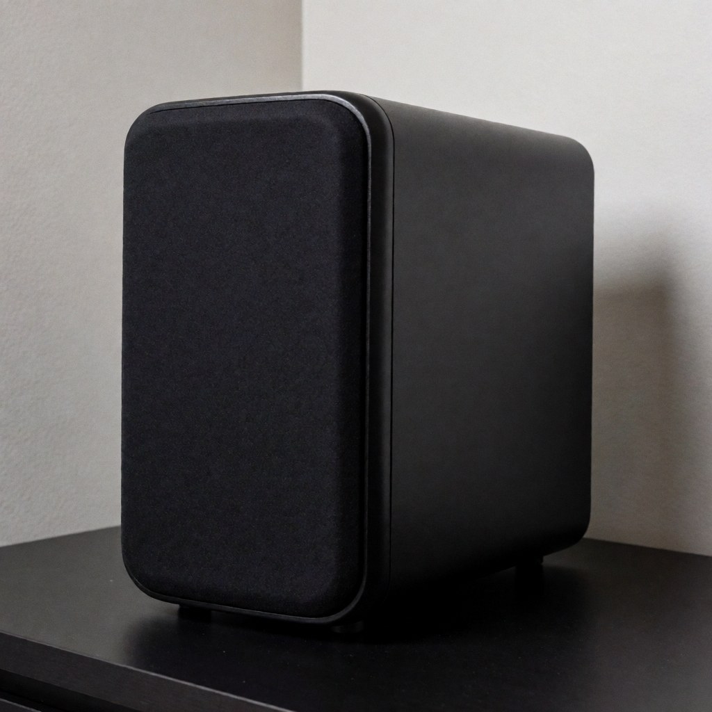 Matte black subwoofer resting on a black table with light gray walls and soft professional lighting