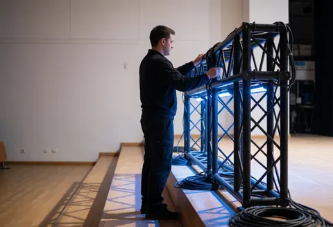 Technician in dark suit adjusting metal lighting truss on auditorium stage with blue lights and cables