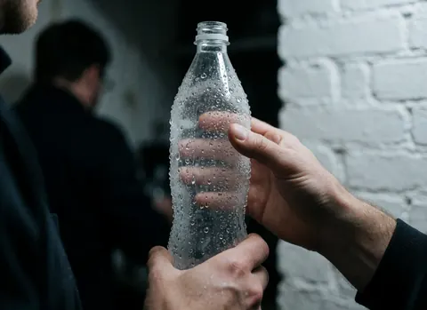 Hands holding a plastic bottle with condensation droplets against a white brick wall background with cool, realistic lighting.