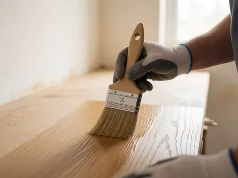 Close-up of a gloved hand applying varnish to oak wood with visible texture and diffused light in a workshop