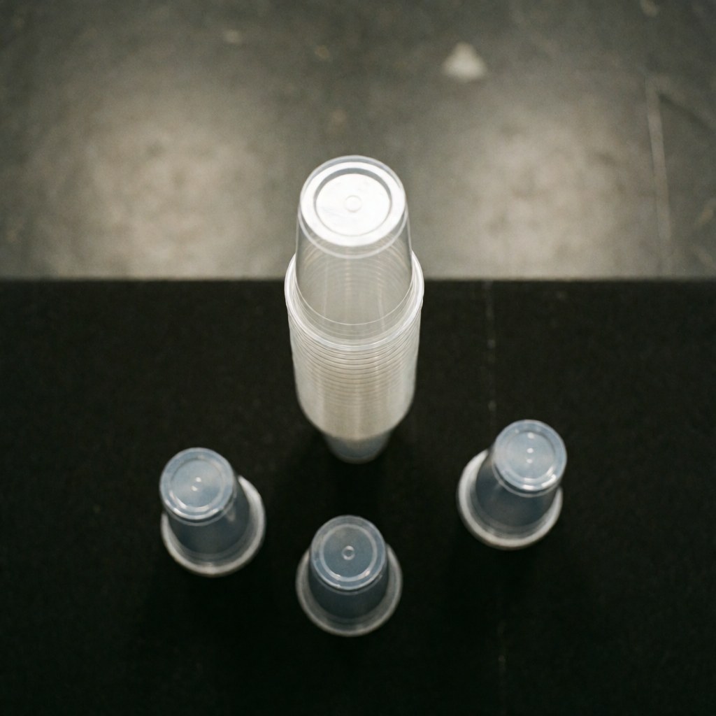 Stack of transparent plastic cups on a black matte surface, ideal for entertainment centers, events, and catering services.