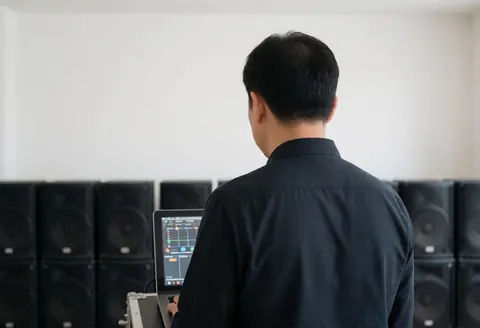 Audio technician adjusting levels on a laptop at an entertainment center with black speakers in the background