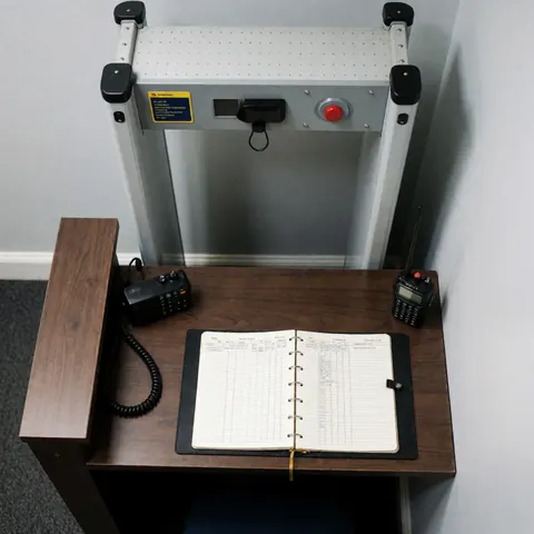 Wooden security desk equipped with a metal detector, radio, and open notebook against gray walls in a professional entertainment center setting