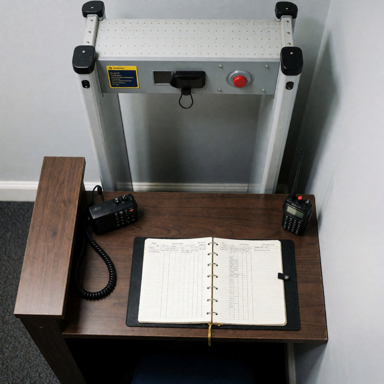 Wooden security desk equipped with a metal detector, radio, and open notebook against gray walls in a professional entertainment center setting