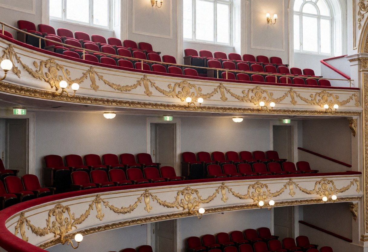 View of empty theater balconies featuring red seating, gold railings, and gray walls illuminated by natural light from high windows.