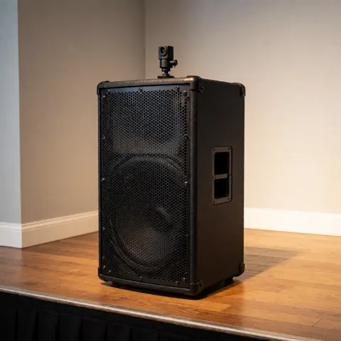 Black 15-inch professional speaker with metal grille and corner protectors mounted on a wooden stage with warm lighting and gray walls