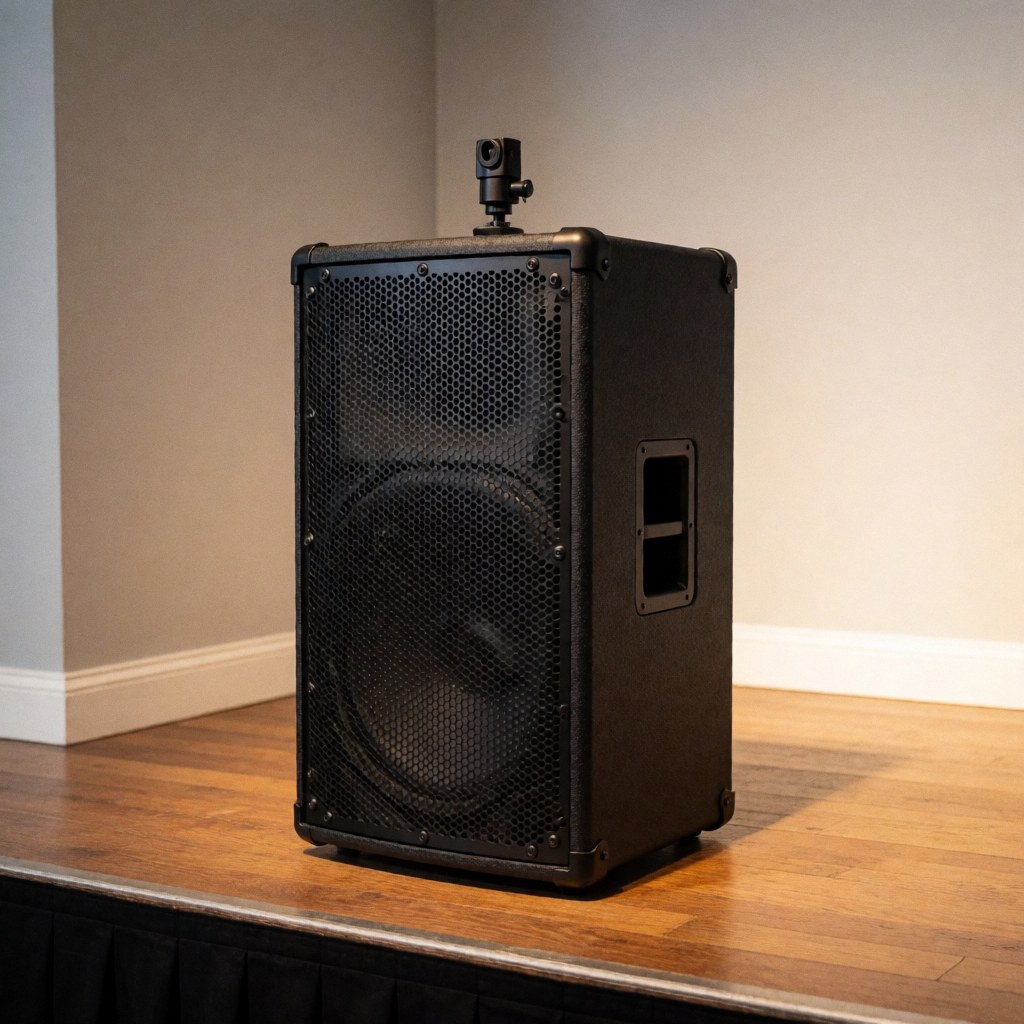 Black 15-inch professional speaker with metal grille and corner protectors mounted on a wooden stage with warm lighting and gray walls
