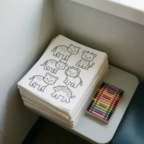 Stack of animal coloring books and a box of crayons on a wooden table in a waiting area