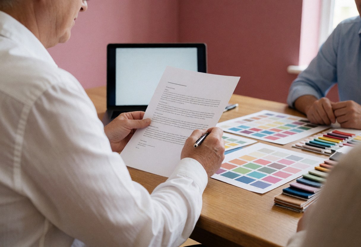 Party coordinator reviewing a contract with a pen, surrounded by color swatches and a laptop on a wooden table against pink walls