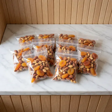 Transparent bags filled with mixed nuts placed on a white marble countertop against a light wood slat wall with soft natural lighting