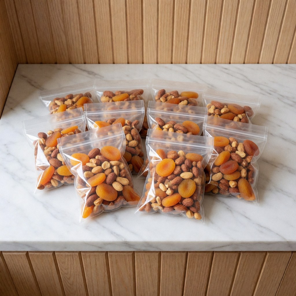 Transparent bags filled with mixed nuts placed on a white marble countertop against a light wood slat wall with soft natural lighting