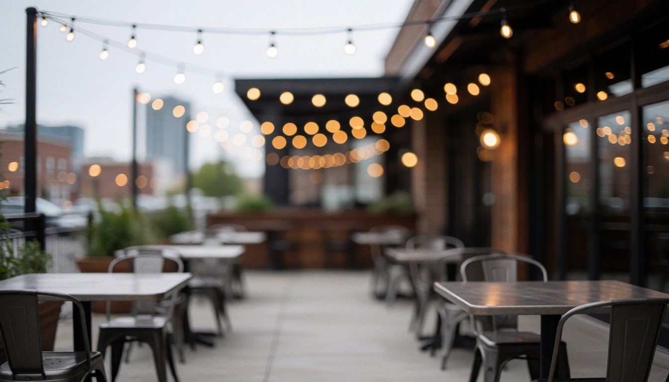 Outdoor terrace with metal tables and chairs, hanging lights, and a blurred city background suitable for commercial text