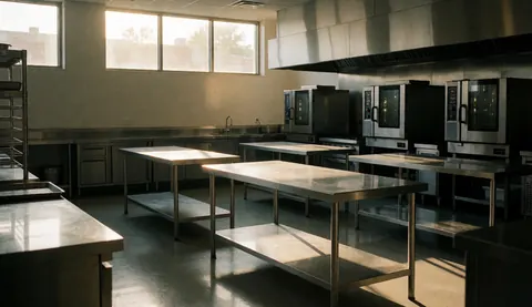 Clean commercial kitchen featuring stainless steel prep tables, industrial ovens, and windows letting in natural light, suitable for catering or event service backgrounds.