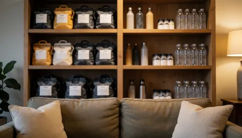 Wooden shelf holding climbing chalk bags and water bottles in a cozy living room with warm lighting and a sofa
