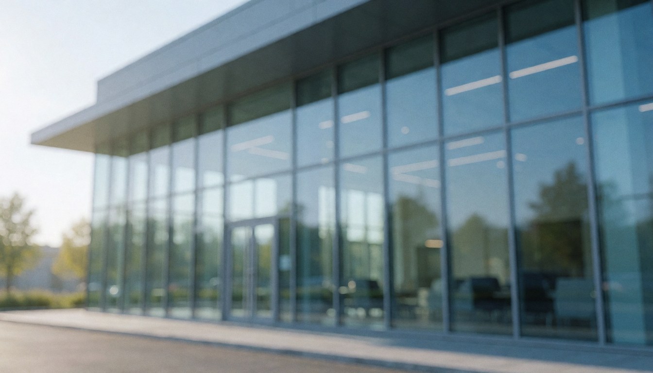 Exterior view of a modern commercial building featuring large glass windows, illuminated by morning light with blue and gray tones.