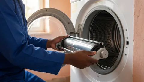 Technician in blue uniform installing a new metal roller in a white dryer with natural light and terracotta walls
