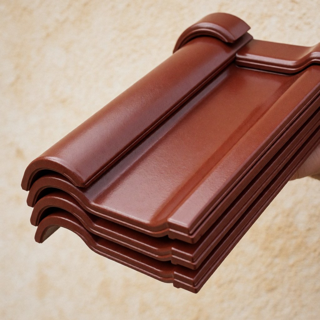 A hand holds a stack of glossy dark brown ceramic roof tiles against a beige stucco wall background.