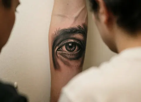 Close-up of a realistic eye tattoo on an arm, featuring detailed eyelashes, eyebrow, and shading, with two people observing from behind against a white wall.