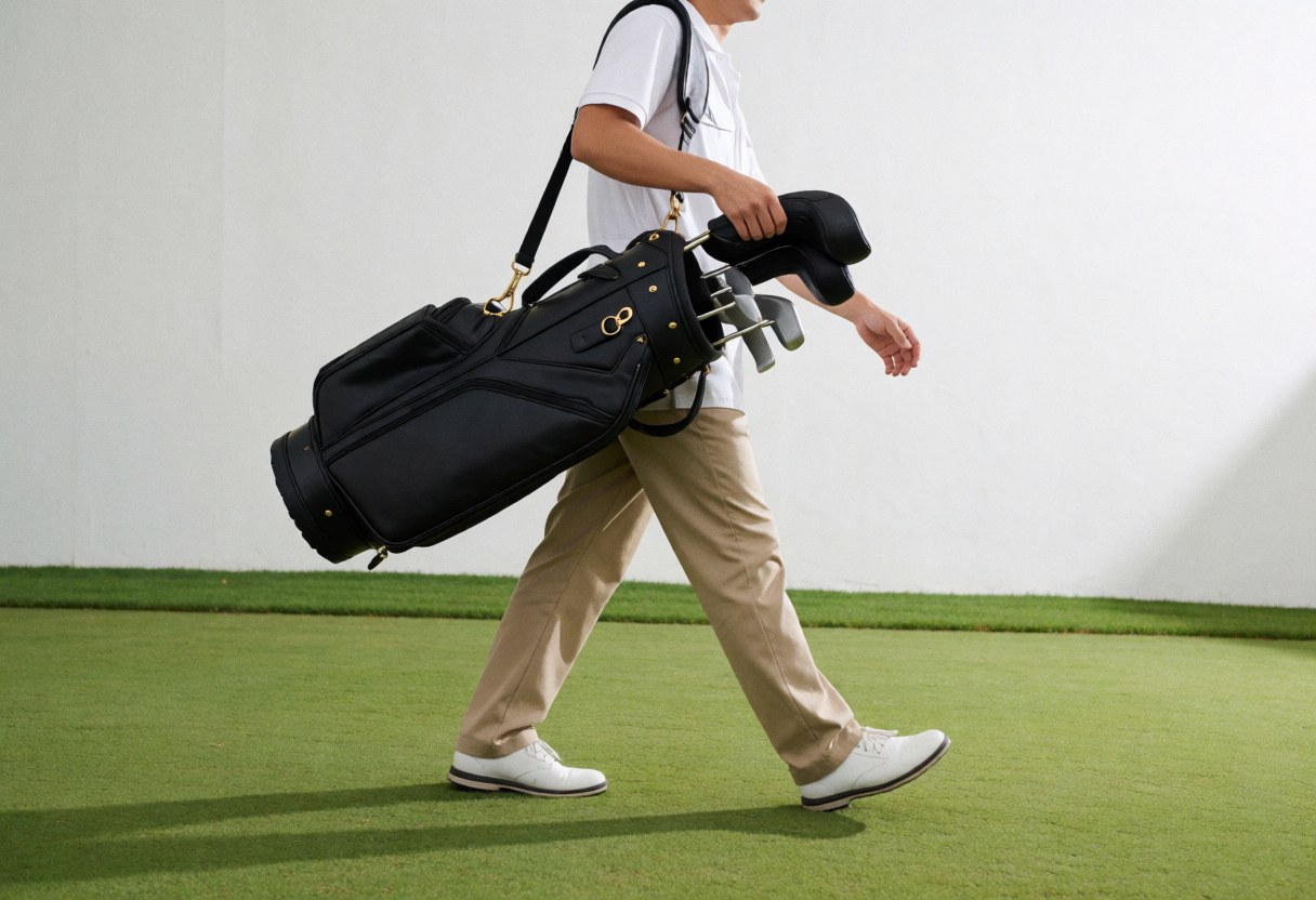 A professional caddie in white uniform and khaki pants walks across the golf course carrying a golf bag under morning light.