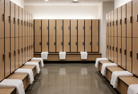 Modern locker room featuring wooden lockers, benches, folded white towels, polished floor, and ceiling lights creating a clean professional atmosphere