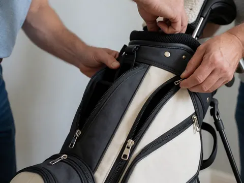 Close-up of hands fastening the zipper on a golf bag pocket against a light gray wall background.