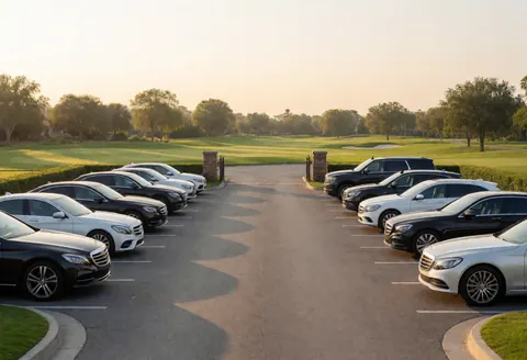 Luxury vehicles parked in a golf course lot with green fields in the background and golden sunset light creating a professional atmosphere