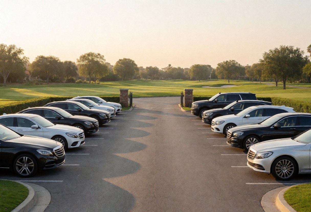 Luxury vehicles parked in a golf course lot with green fields in the background and golden sunset light creating a professional atmosphere