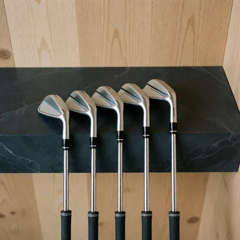 Five shiny metal-headed golf clubs lined up in a row on a black marble surface with a light wood panel background, ideal for golf store product displays.