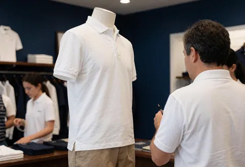 Salesperson in a golf shop standing near a mannequin wearing a white shirt, with a clean and professional retail background.