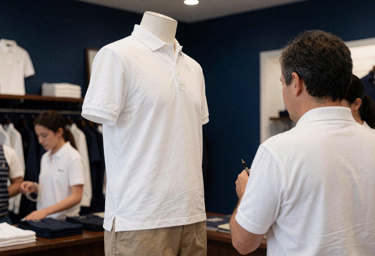 Salesperson in a golf shop standing near a mannequin wearing a white shirt, with a clean and professional retail background.