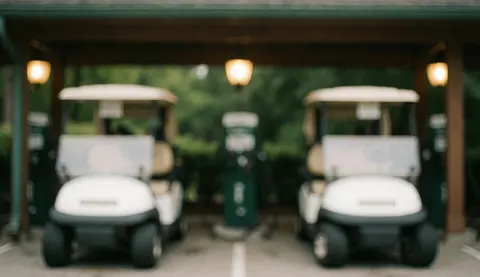 Two white golf carts parked under a structure with warm lights, blurred green vegetation background, ideal for commercial text.