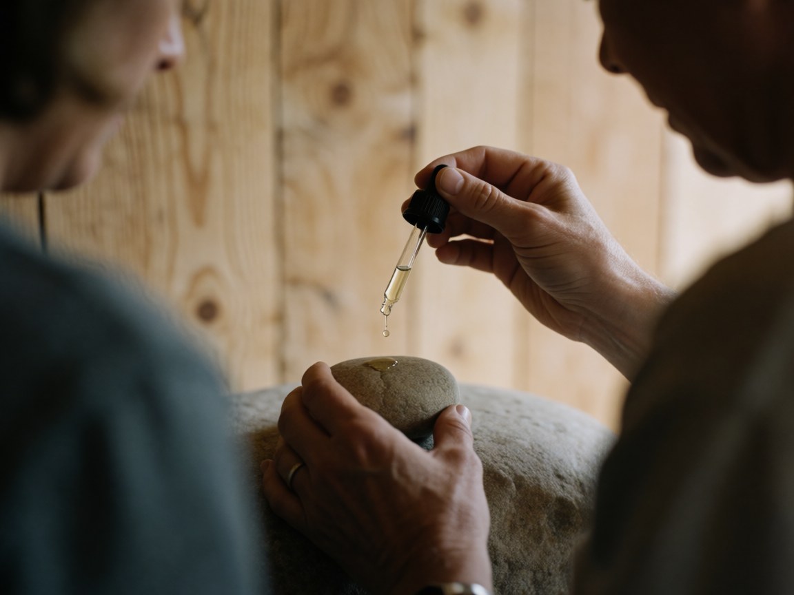 Essential oil drops falling on a stone with hands working against a wooden background creating a relaxing spa scene
