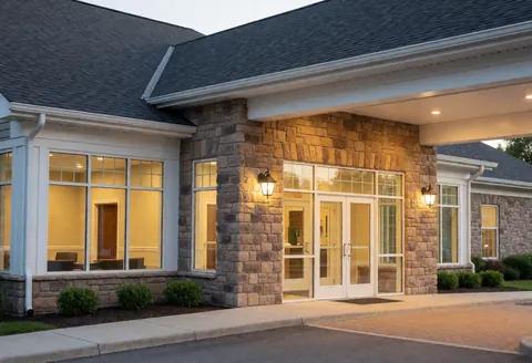 Exterior view of a golf club building featuring a stone wall, large windows, and a covered entrance with warm lighting at night.