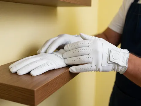 White golf gloves displayed on a wooden shelf with visible stitching details against a cream-colored background.