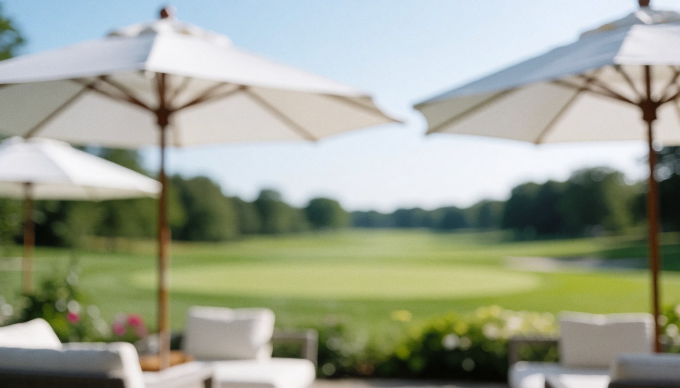 White umbrellas on a golf course terrace with blurred green grass, ideal for text and outdoor events
