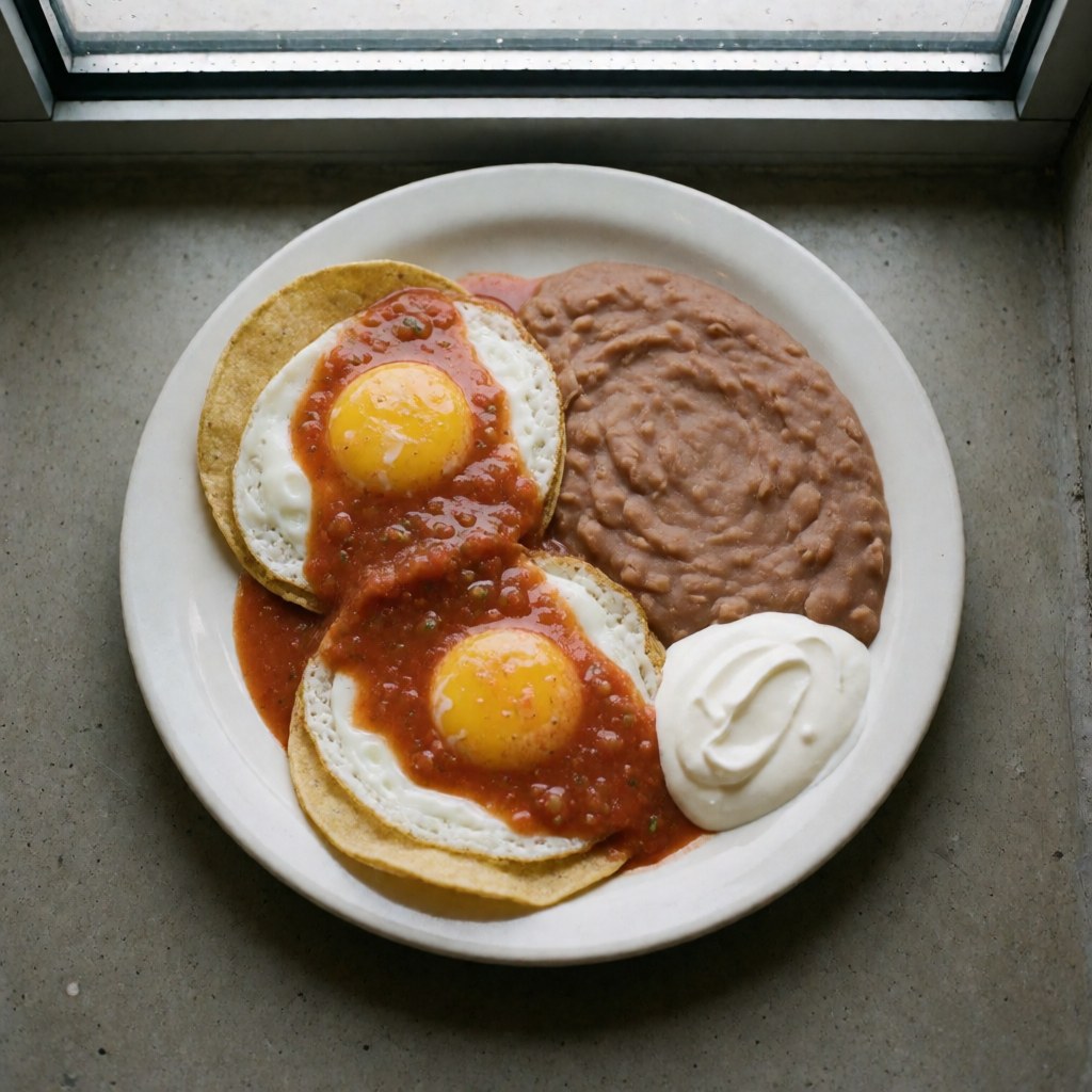 White plate holding two fried eggs in tortillas with red sauce, beans, and cream under natural window light on concrete background