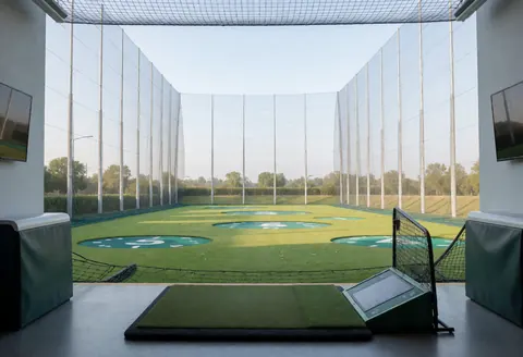 Golf practice facility featuring numbered turf targets, high safety nets, and green grass for training swings with launch monitors