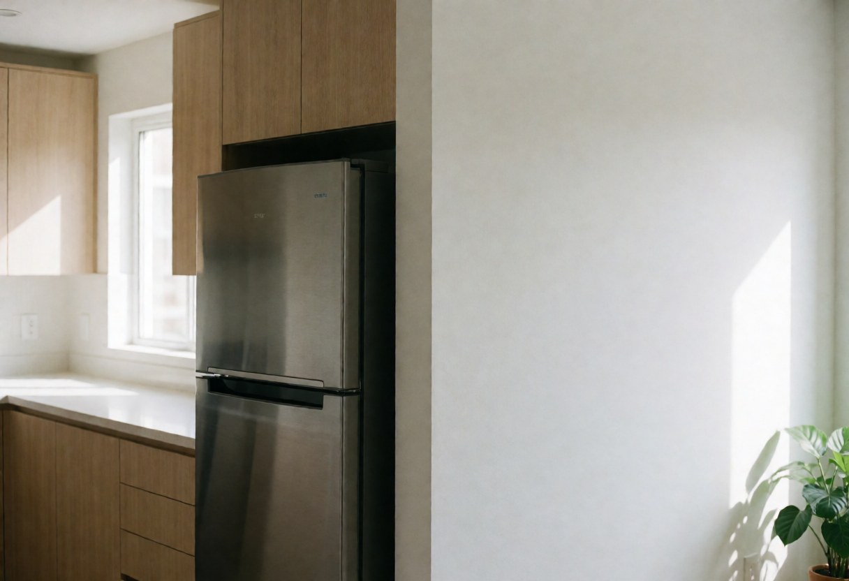 Stainless steel refrigerator in a modern kitchen with light wood cabinets, white walls, and natural light from a window.