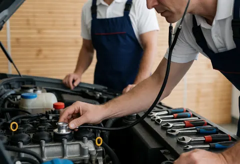 Professional mechanic using a stethoscope to diagnose an engine with tools on a workbench against a wooden wall.