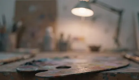 Paint palette with mixed pigments on wooden desk in studio, with lamp and warm blurred background