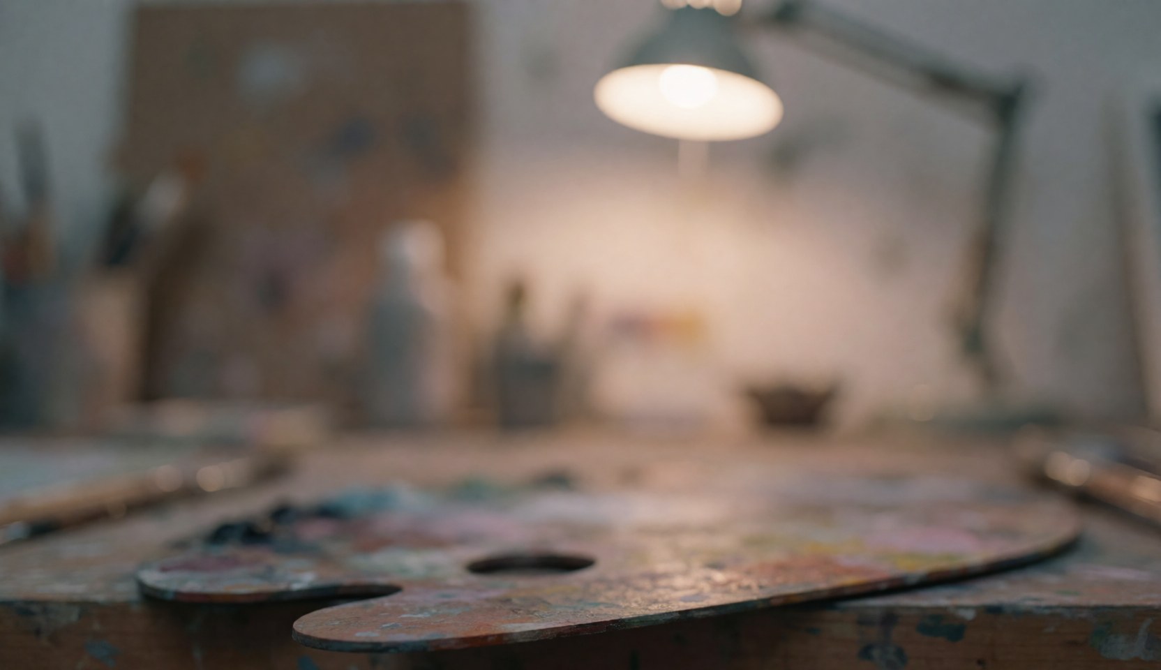 Paint palette with mixed pigments on wooden desk in studio, with lamp and warm blurred background