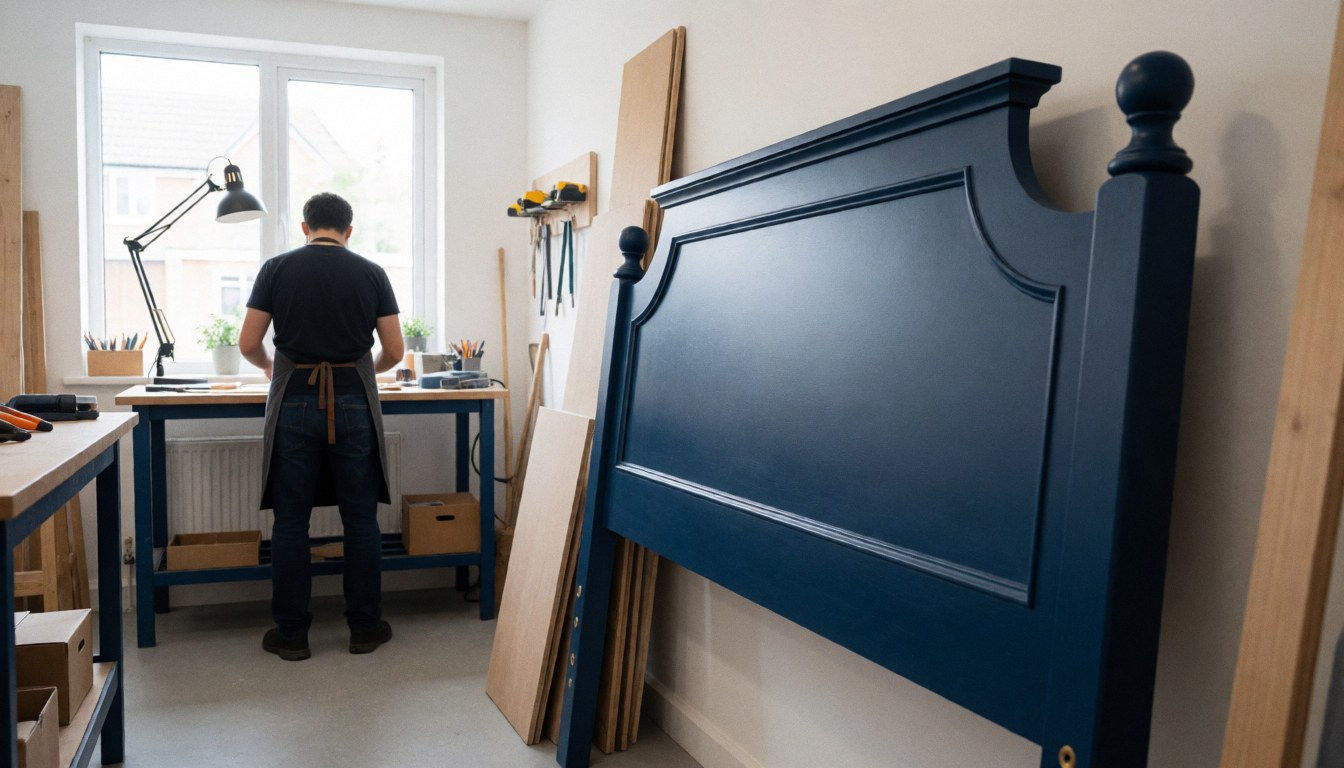 Restored blue headboard in upholstery workshop with carpenter working at table and natural light from window