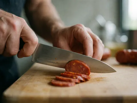 Close-up view of hands using a sharp knife to slice chorizo on a rustic wooden board with natural lighting and visible food texture