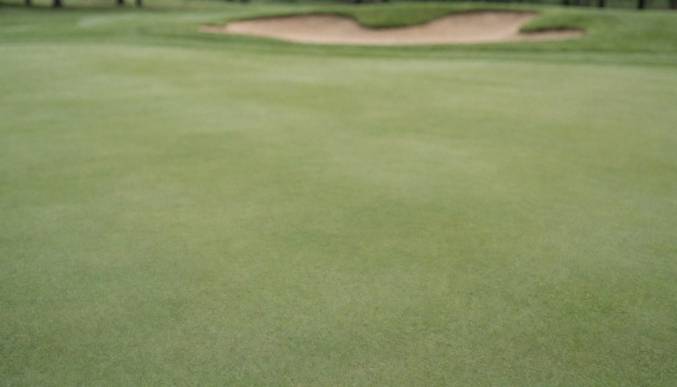 A blurred golf course background featuring a sand bunker and soft green grass, ideal for text overlays and business designs.