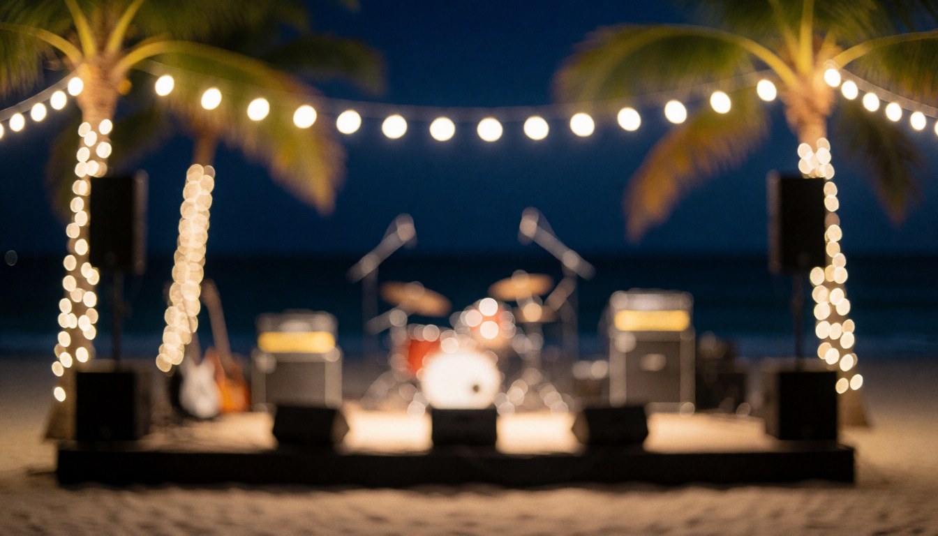 Beach stage at sunset with string lights and drums in bokeh, ideal for promoting nighttime resort events