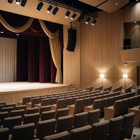 Empty performance hall with rows of seats, red and gold velvet curtains, and professional stage lighting. Wooden furniture and natural paneling walls.