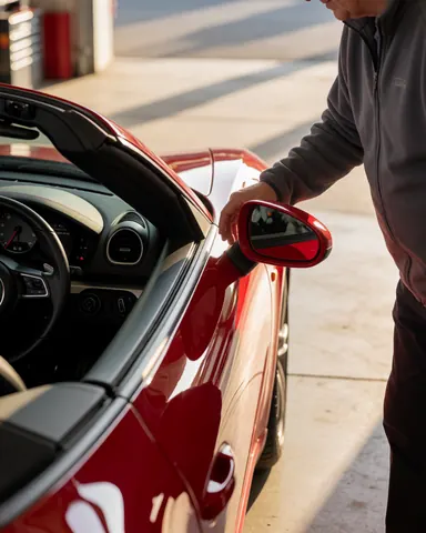 A satisfied client adjusts the side mirror of a red sports car inside a service garage with sunset lighting visible through the open door.